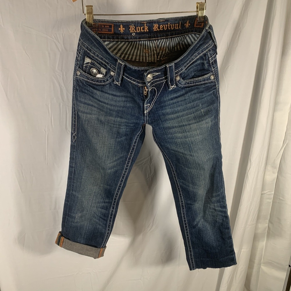 ROCK REVIVAL Jeans TORI Straight 25x23 Flap Pkt Low rise Altered Distressed